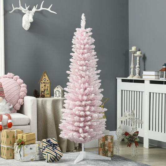 Pink artificial pencil Christmas tree standing in a modern living room with holiday decor and wrapped gifts