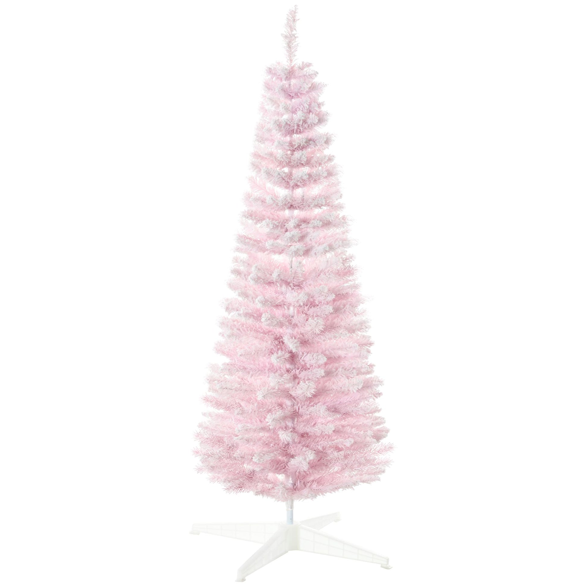 Pink artificial pencil Christmas tree with dense branches and white stand from FauxMart.com