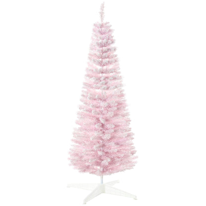 Pink artificial pencil Christmas tree with dense branches and white stand from FauxMart.com