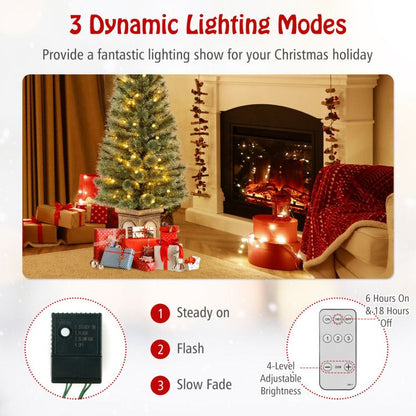 Pre-lit artificial Christmas tree with dynamic lighting modes in a cozy holiday setting