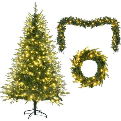 6ft pre-lit Aspen fir Christmas tree with warm white lights and matching garland and wreath