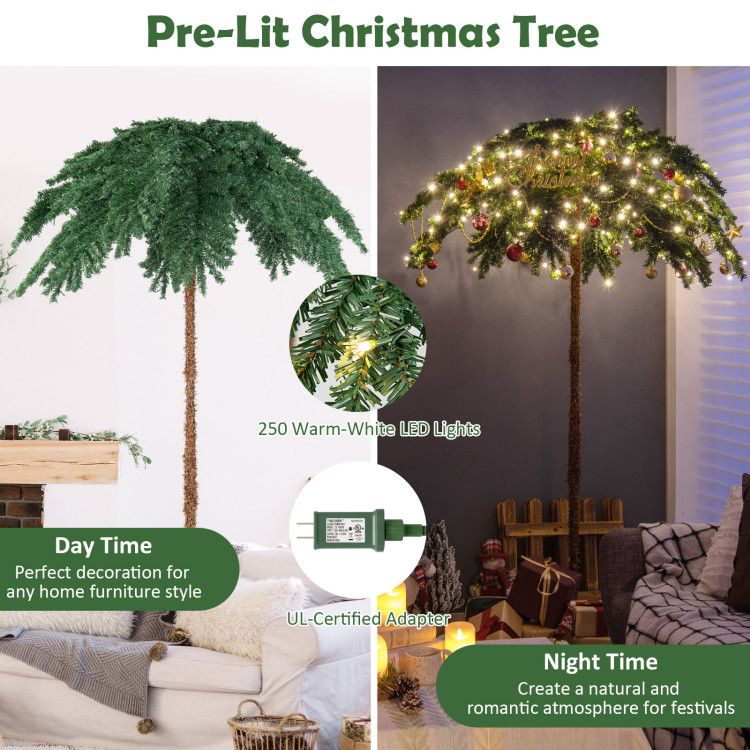 Pre-lit Christmas palm tree with 250 warm-white LED lights for festive home decoration day and night