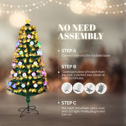 Pre-lit fiber optic Christmas tree with colorful decorations and easy assembly instructions for festive decor