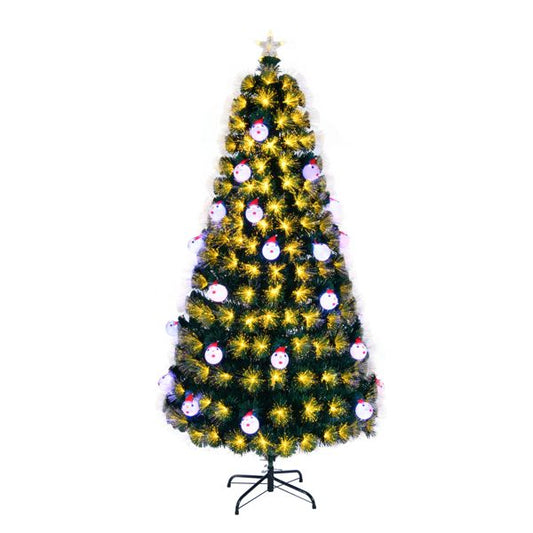 FauxMart.com pre-lit fiber optic Christmas tree with glowing yellow lights and snowman ornaments