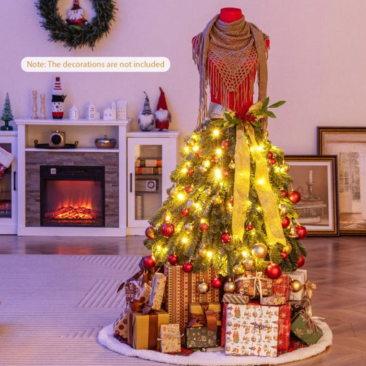Faux pre-lit mannequin Christmas tree adorned with lights and surrounded by wrapped gifts