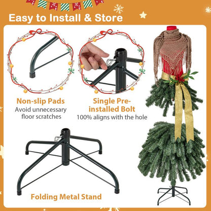 Features of the pre-lit mannequin Christmas tree including a metal stand and installation instructions