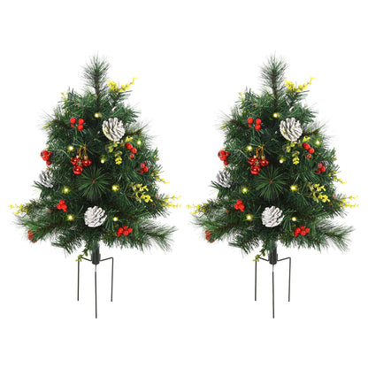 FauxMart.com pre-lit outdoor Christmas tree set with pine cones red berries and yellow accents
