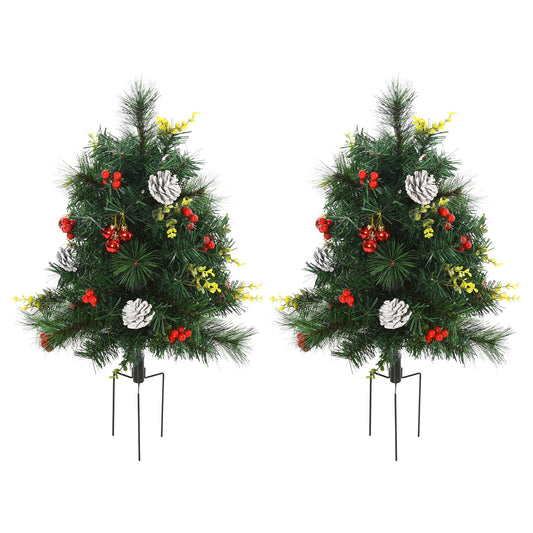 FauxMart.com pre-lit outdoor Christmas tree set with green pine branches, white pinecones, red berries, and yellow accents