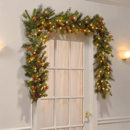 Prelit artificial Christmas garland adorned with pinecones and lights, perfect for festive decor