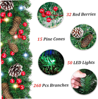Prelit artificial Christmas garland with red berries, pine cones, and 50 LED lights for festive decor