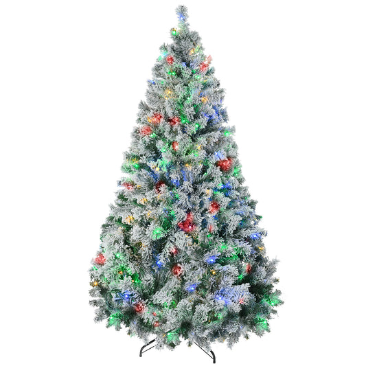 Flocked prelit artificial Christmas tree with multicolor LED lights and sturdy metal stand