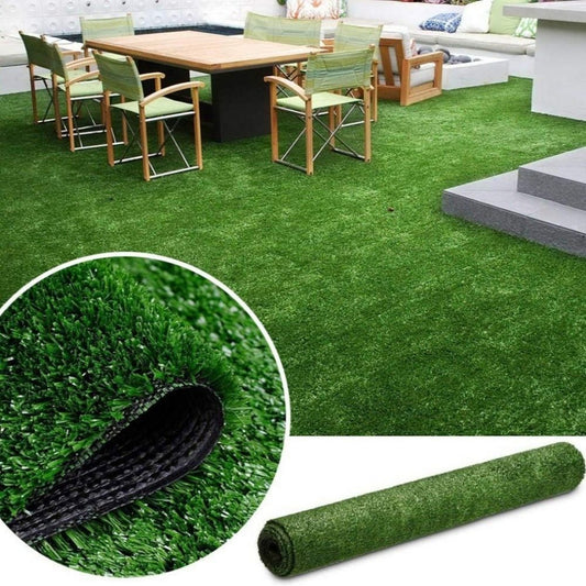 Lush premium artificial turf mat for outdoor spaces, enhancing comfort and style for dining areas
