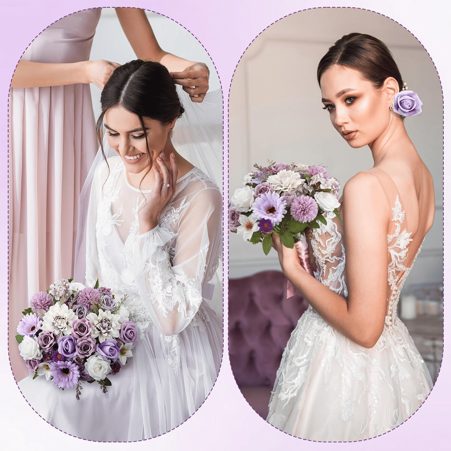 Elegant bride holding a purple artificial flower arrangement with mixed lavender and white blooms
