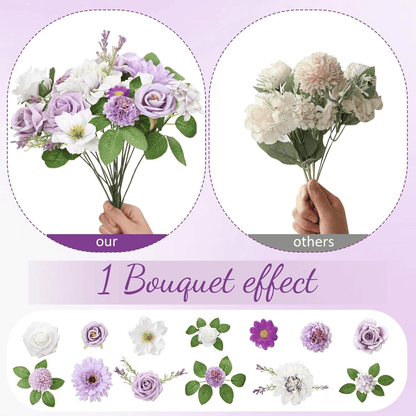 Purple artificial flower arrangement with lush greenery held in hand compared to simpler white flower bouquet