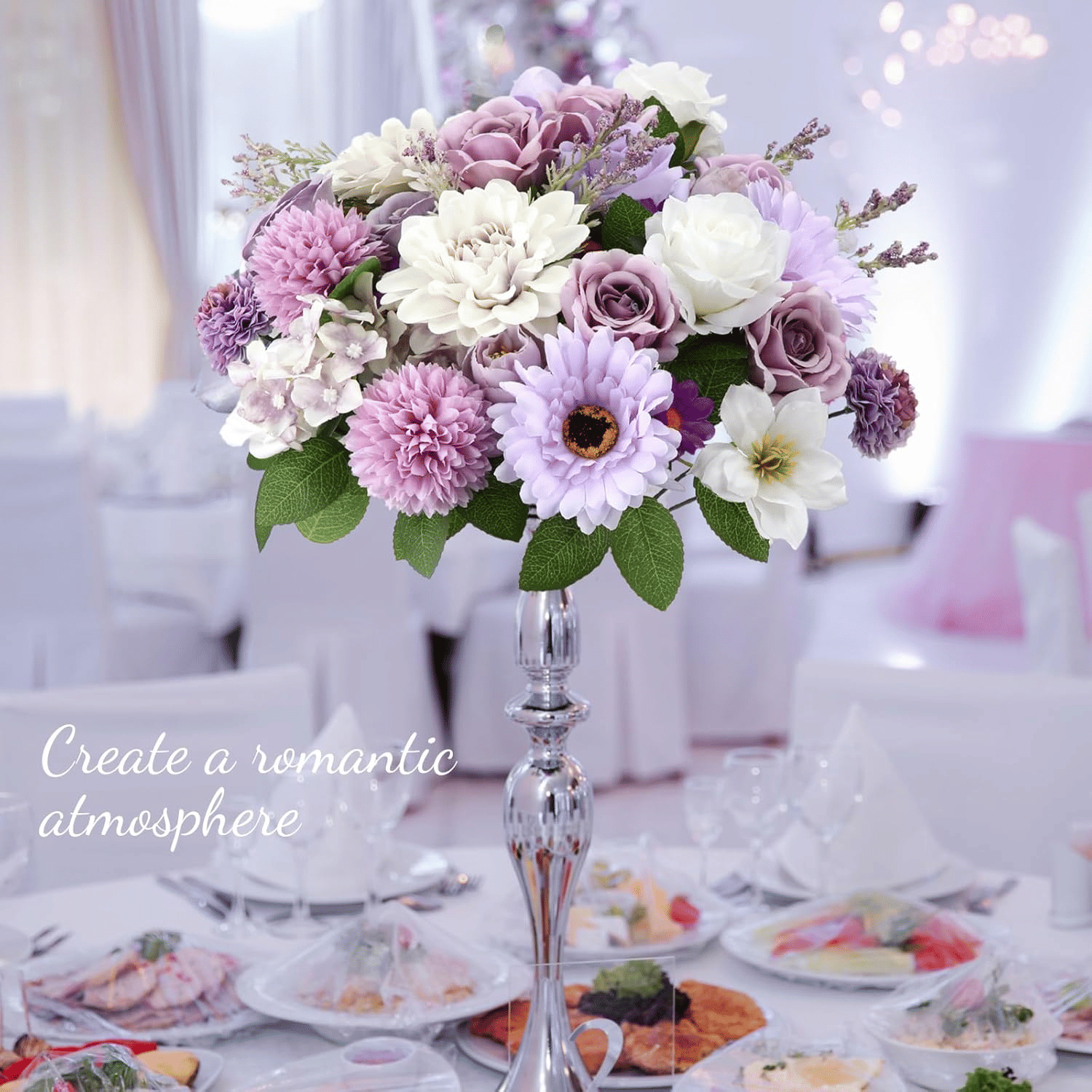 Purple artificial flower arrangement with white and purple blooms in a decorative vase on a dining table