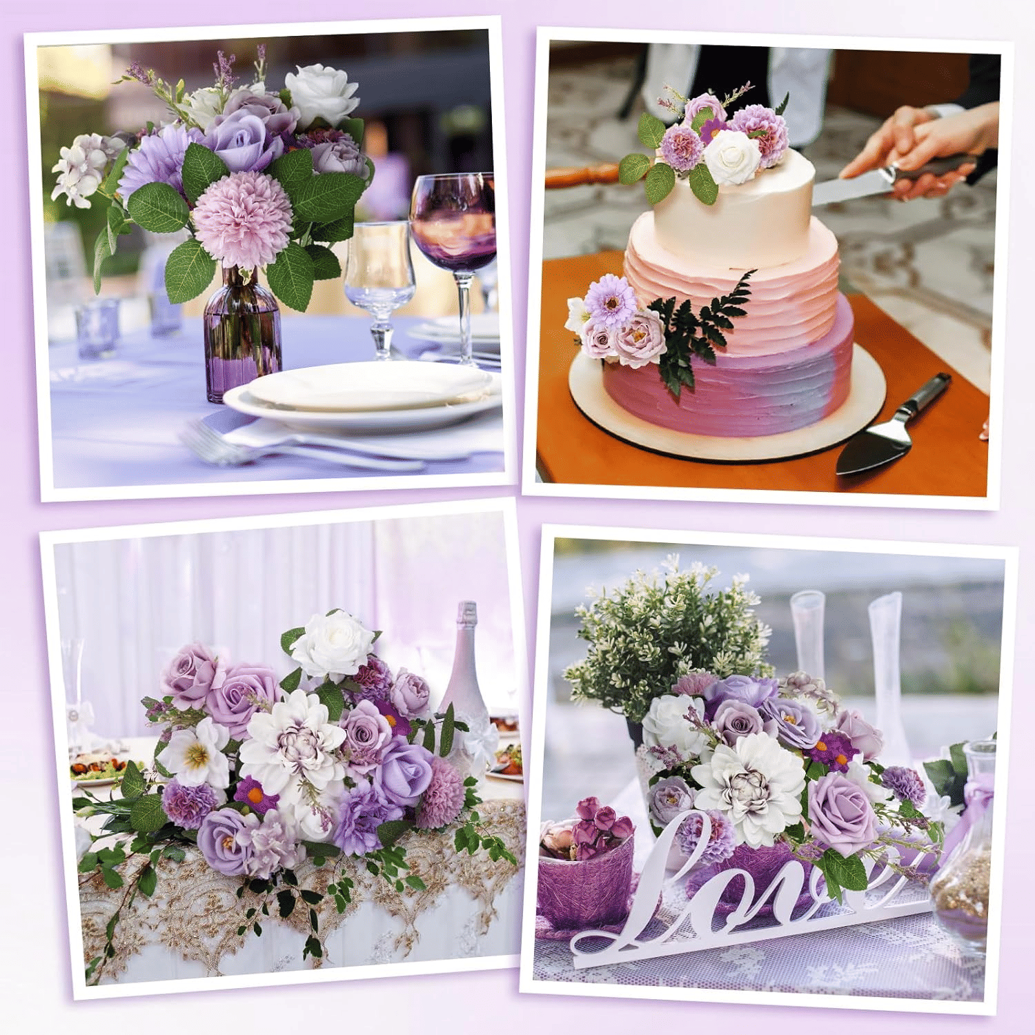 Purple artificial flower arrangement displayed in various elegant settings including table centerpiece and cake decoration