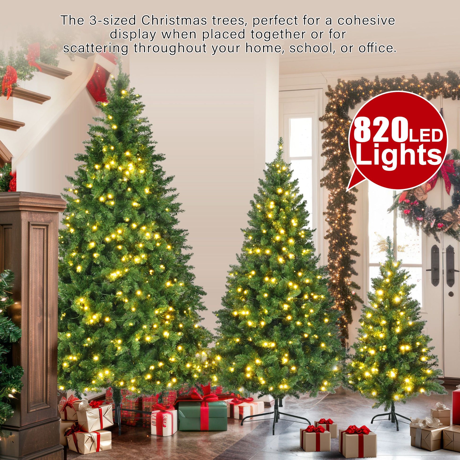 Three slim artificial Christmas trees with lights in different sizes decorated with warm white LED lights in a cozy living room