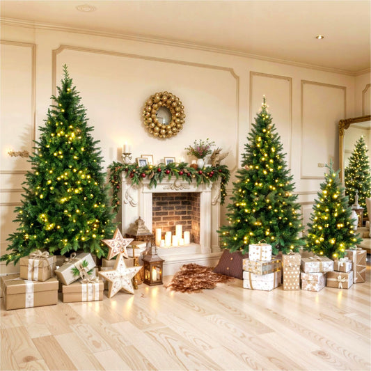 Slim artificial Christmas tree with lights displayed in a cozy living room with presents and a decorated fireplace