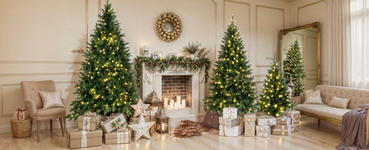 Slim artificial Christmas tree with lights set up in cozy living room decorated with wrapped gifts and festive garland