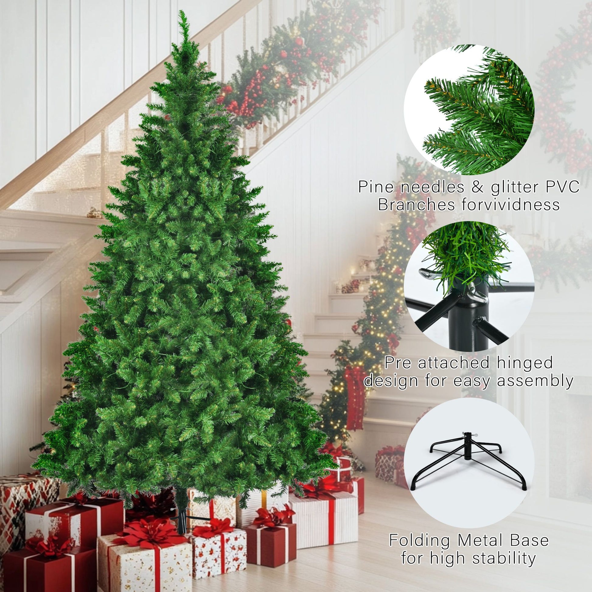 Slim artificial Christmas tree with lights featuring pine needle branches and folding metal base