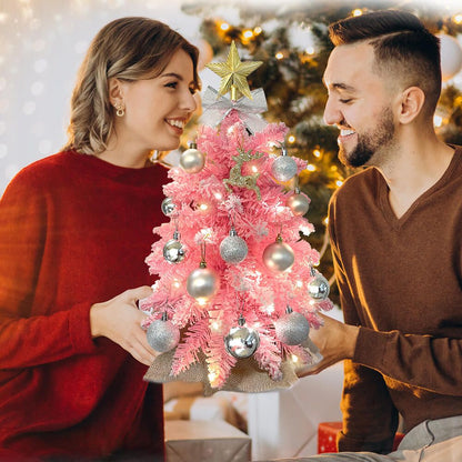 Couple holding a pink small Xmas tree for office desk decorated with silver ornaments and lights