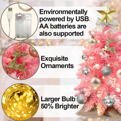 Pink small Xmas tree for office desk with USB power option, exquisite ornaments, and bright LED bulbs