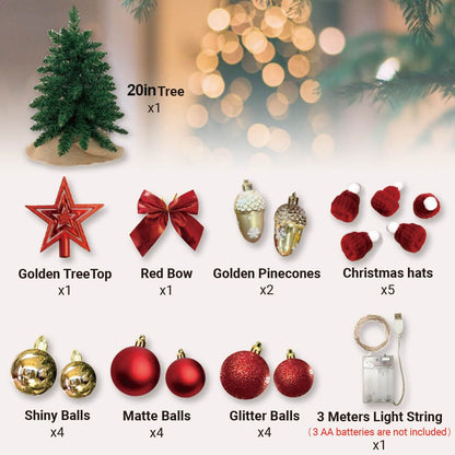 Small Xmas tree for office desk with red bows, golden pinecones, shiny and glitter balls, Christmas hats, and light string