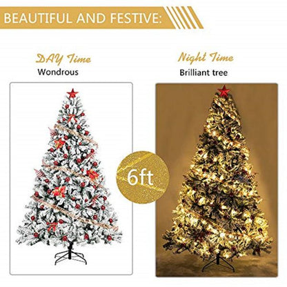 6ft snow flocked artificial Christmas tree decorated for day and night displays