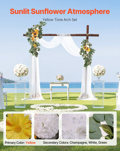 Sunflower wedding arch decor with yellow sunflowers and white drapes set up outdoors near water