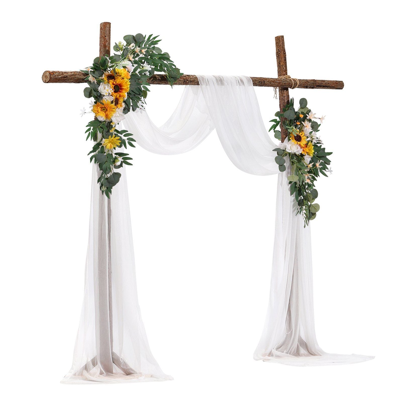 Sunflower wedding arch decor with white draped fabric and rustic wooden frame adorned with sunflowers and greenery