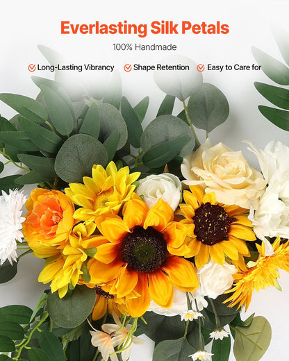 Sunflower wedding arch decor with vibrant silk petals including sunflowers and white roses for long-lasting vibrancy