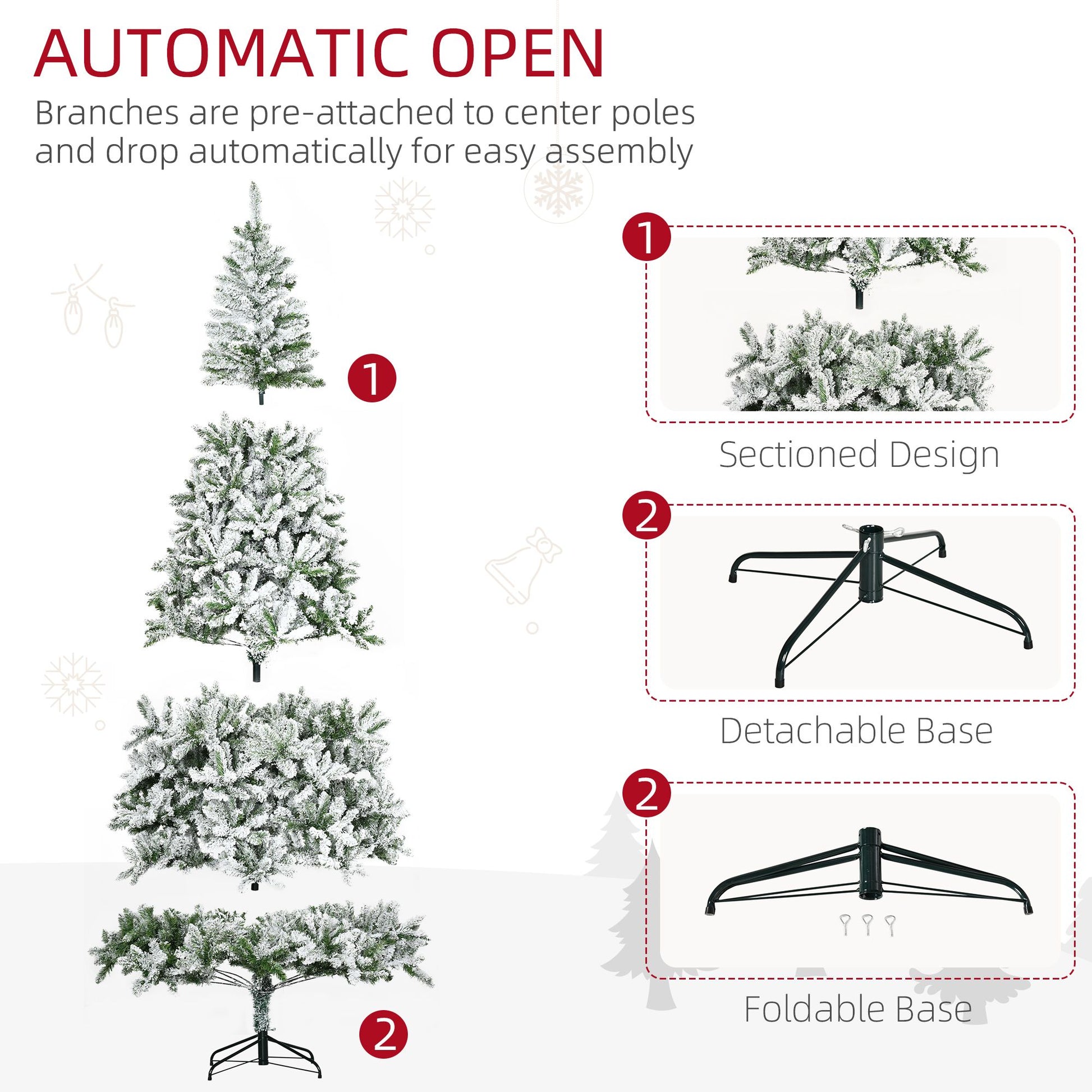 Unlit flocked Christmas tree for sale with automatic open branches, detachable and foldable base
