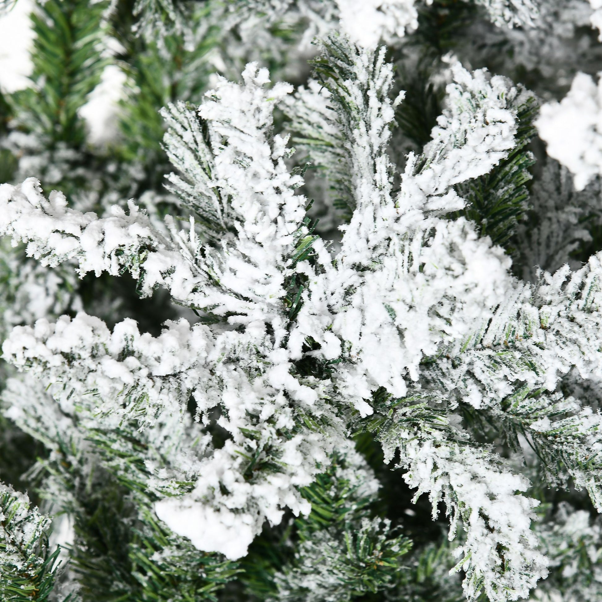 Close-up of unlit flocked Christmas tree for sale showing snowy white artificial snow on green pine needles