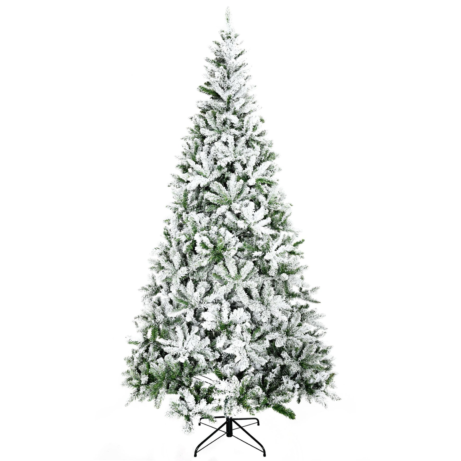 Unlit flocked Christmas tree for sale with snowy white branches and green needles on metal stand