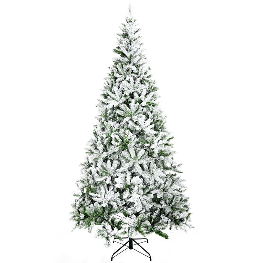 Unlit flocked Christmas tree for sale with snowy white branches and green needles on metal stand