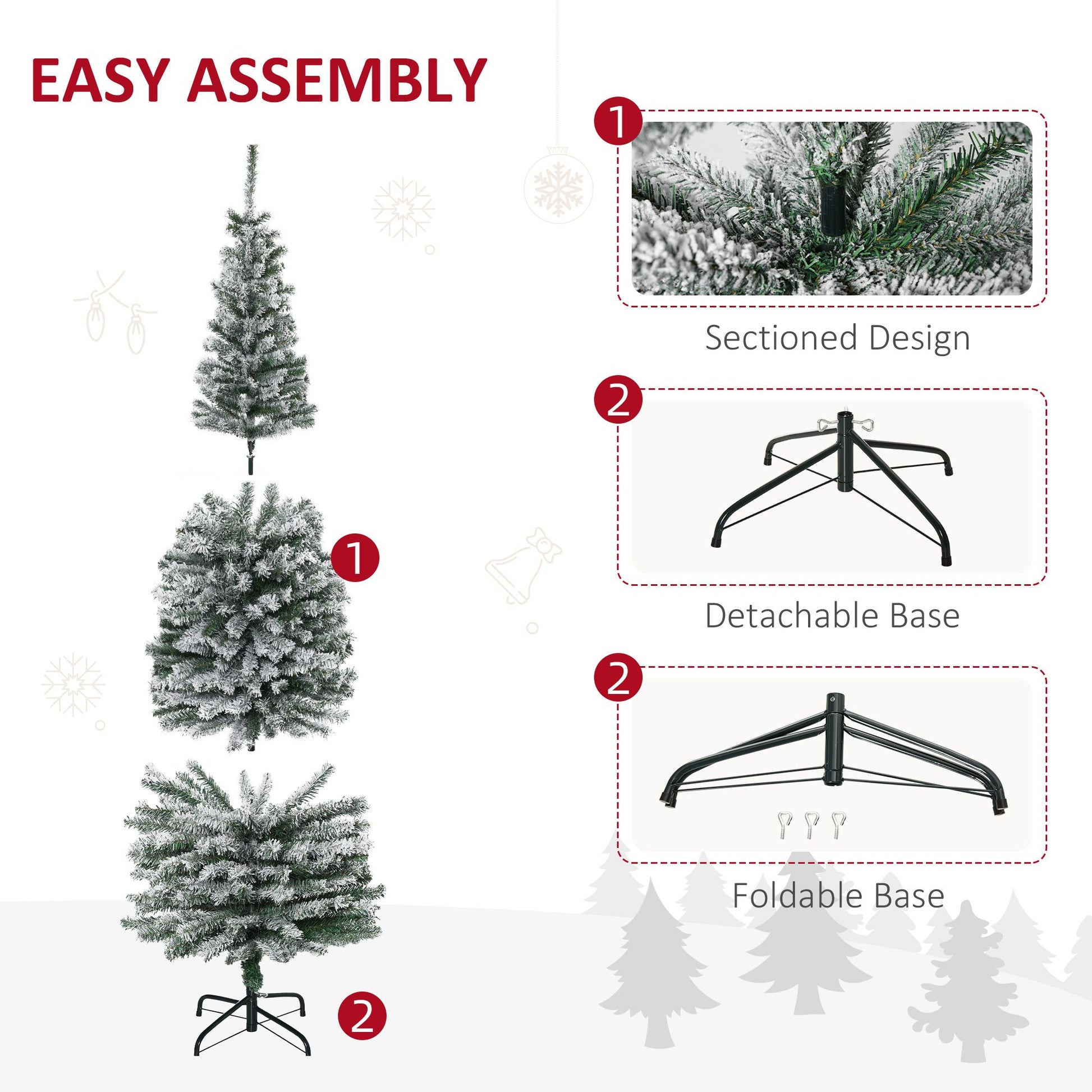 Easy assembly instructions for 6 foot snow flocked Christmas tree with sectioned design and foldable detachable base