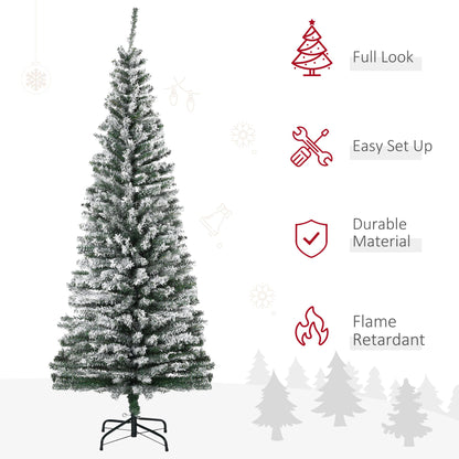6 foot snow flocked Christmas tree with full look easy set up durable material and flame retardant features