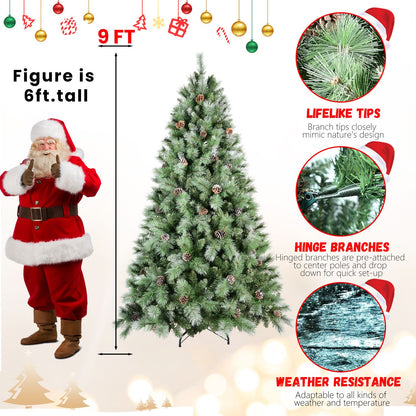 7ft frosted artificial Christmas tree with lifelike tips and hinge branches showing weather resistance