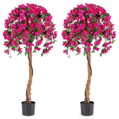 Artificial azalea tree set featuring two vibrant pink flowering trees in black pots for home decor
