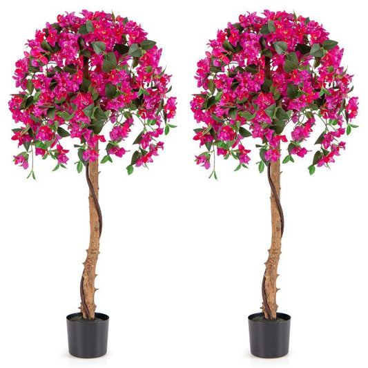 Artificial azalea tree set featuring two vibrant pink flowering trees in black pots for home decor