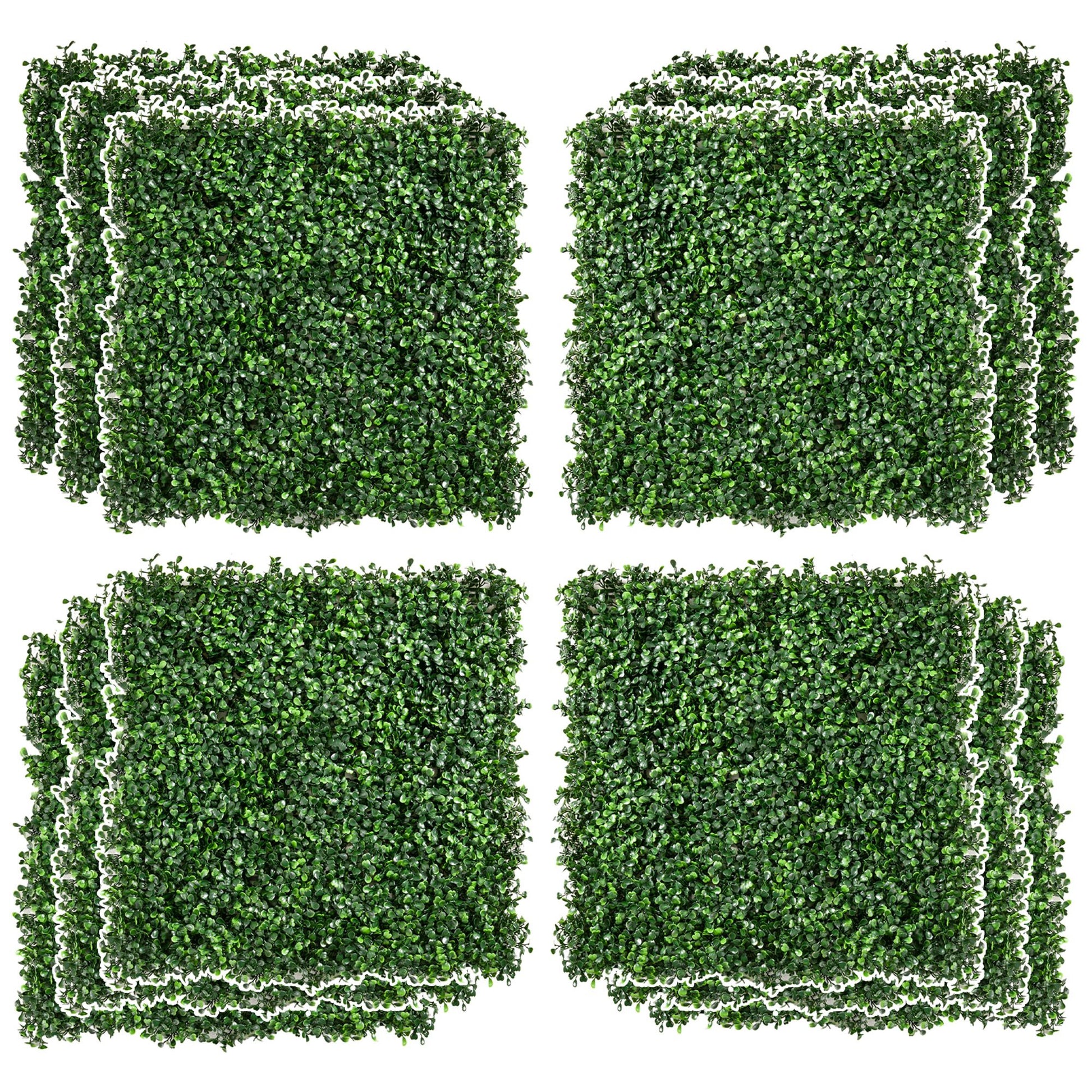 Set of green artificial boxwood hedge panels neatly stacked for decorative and privacy use