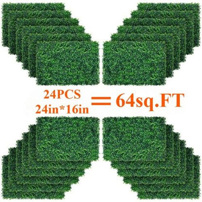 24 PCS artificial boxwood wall panels providing 64 sq ft of lush greenery for decor and landscaping projects