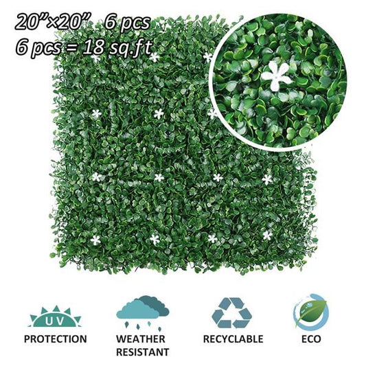 Set of six 20 by 20 inch artificial boxwood hedge panels with white flowers and eco friendly features