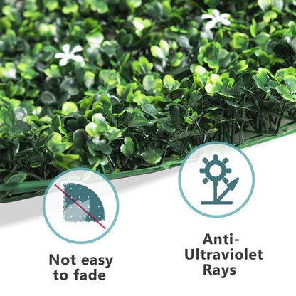 Close-up of artificial boxwood hedge panels showing green leaves with anti-ultraviolet rays and fade resistance features