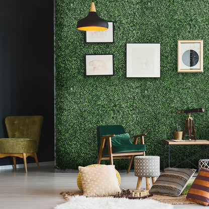 Living room interior with green artificial boxwood hedge panels wall and modern furniture decor
