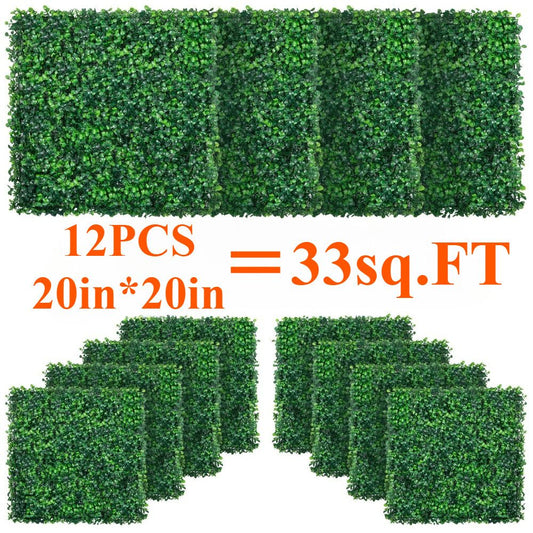 Set of 12 artificial boxwood wall panels 20 by 20 inches covering 33 square feet for decorative green walls