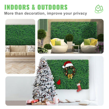 Artificial boxwood wall panels used indoors and outdoors for privacy and decoration in living and patio spaces