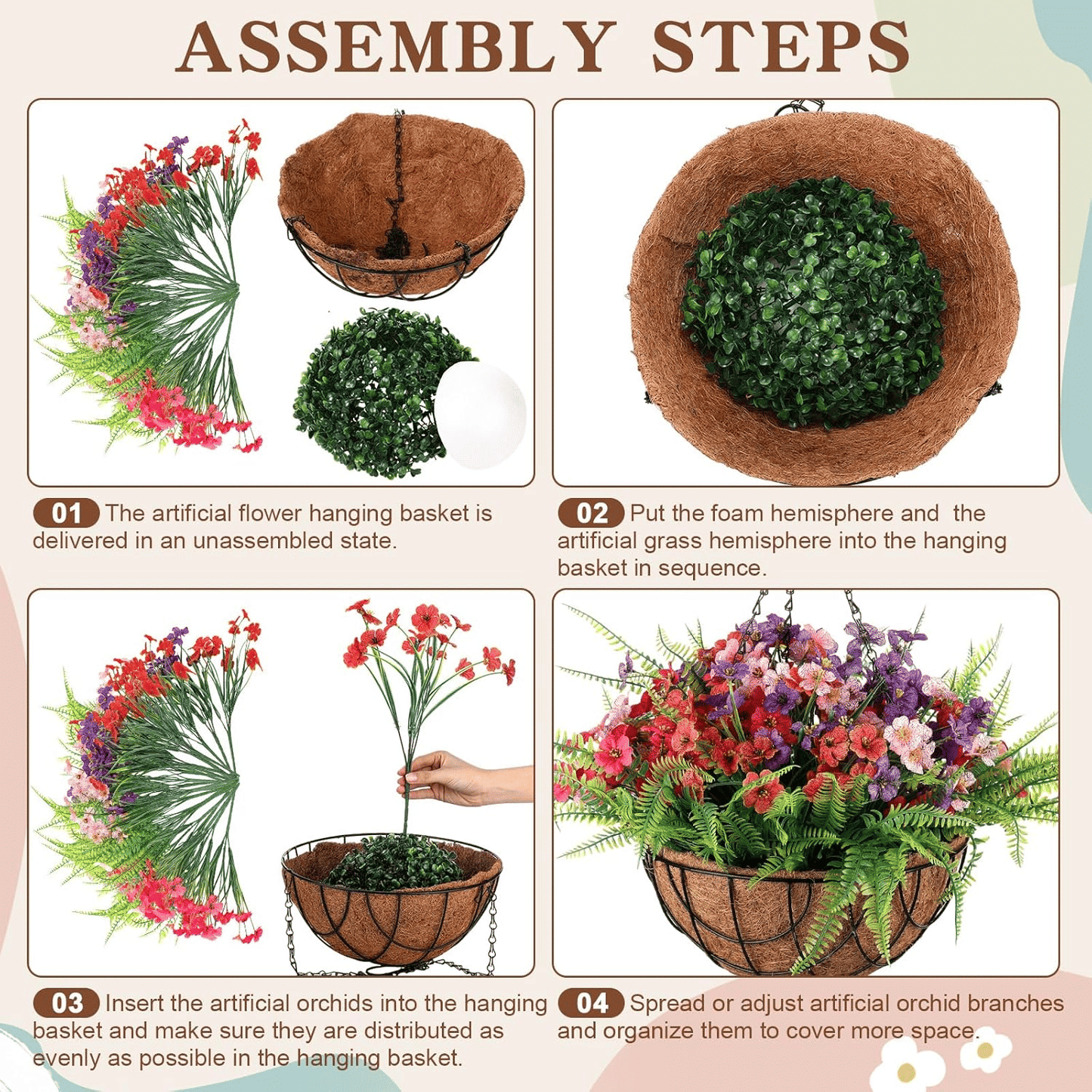 Step-by-step assembly instructions for artificial hanging flower baskets outdoor with foam base and artificial orchid branches