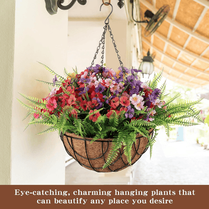 Colorful artificial hanging flower baskets outdoor with vibrant pink and purple flowers and green ferns
