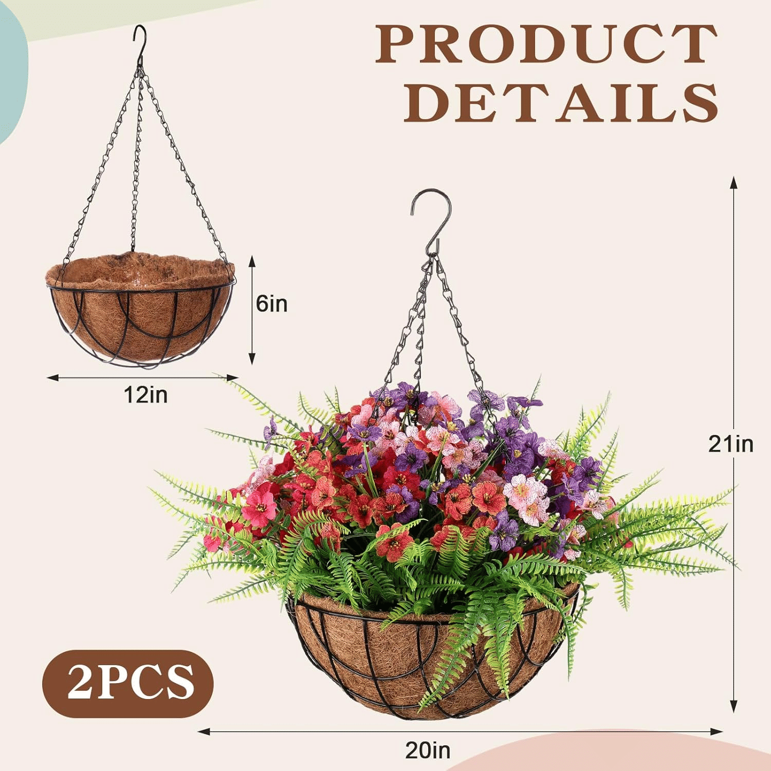 Set of 2 artificial hanging flower baskets outdoor with colorful flowers and green ferns on chains